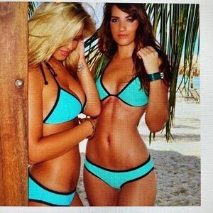 TRIANGL Turquoise Aqua Black Neoprene Bikini XS Bottom Sm Top